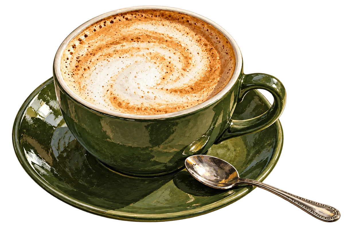 Melange in einer olivgrünen Tasse mit Untertasse und Löffel – Illustration